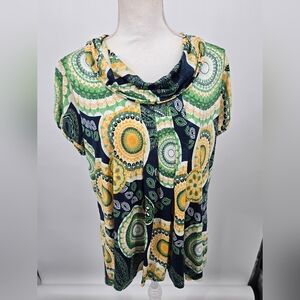 dressbarn Yellow Green Geometric Print Cowl Neck Blouse 1X (6257)
